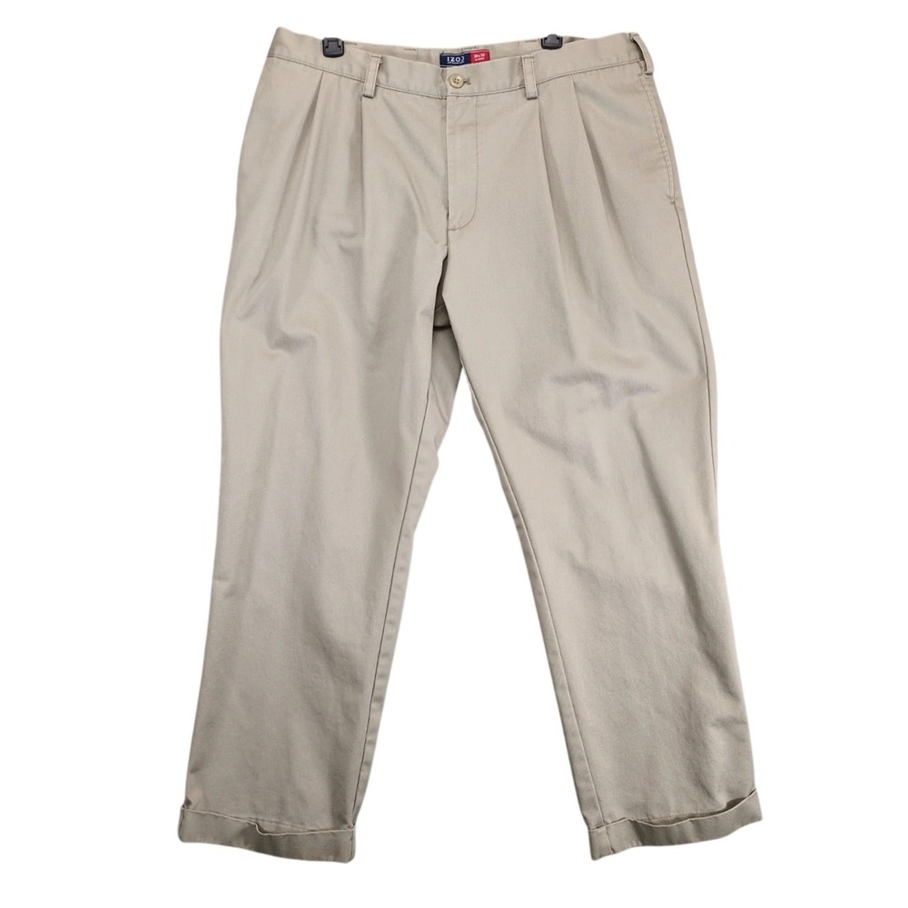 Izod Classic American Chino Pants Men's 38x29" Pleated Cuffed Beige Khaki Cotton